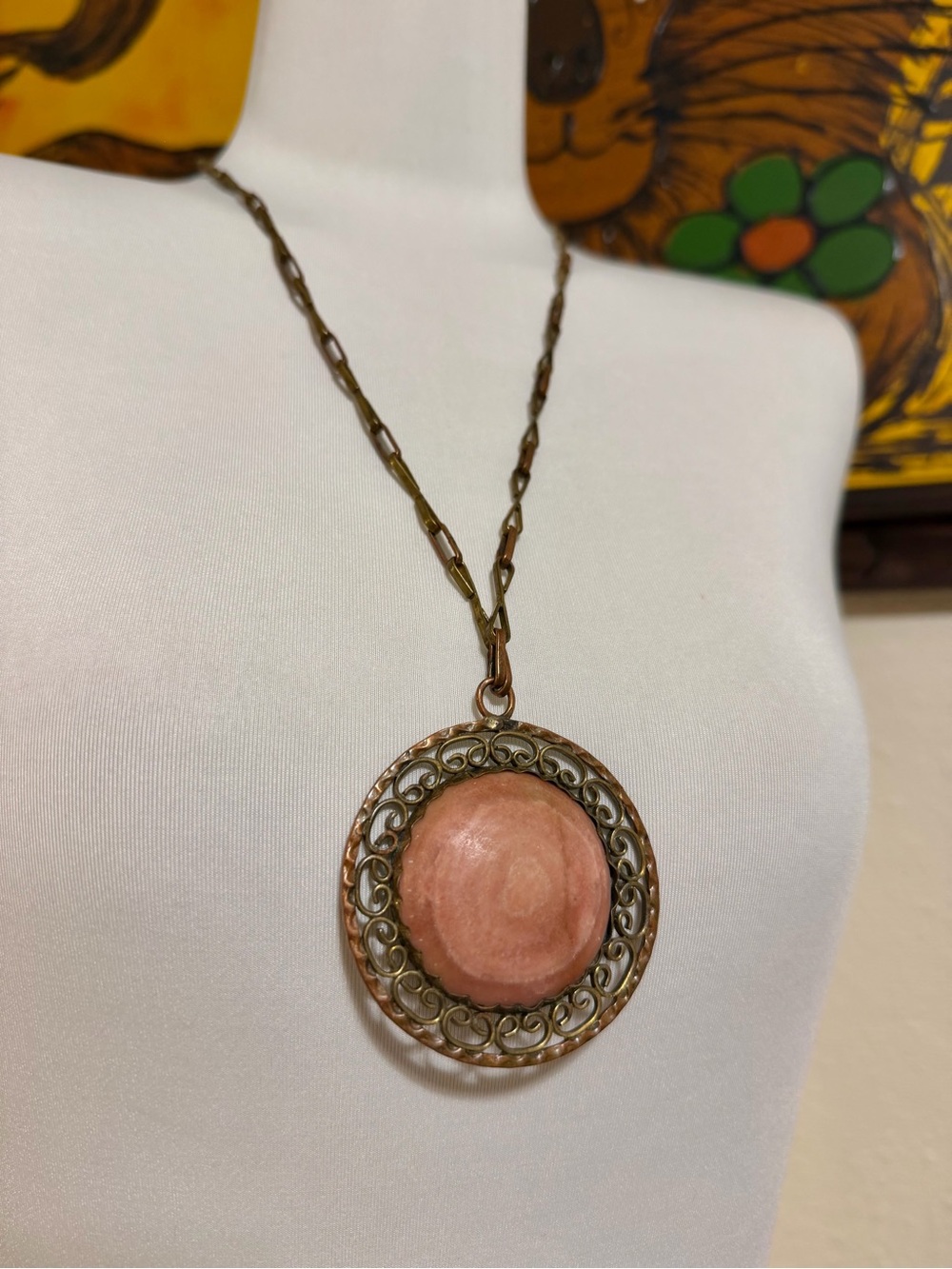 1970s Vintage Mexico Large Stone Cabochon Rhodochrosite Brutalist Necklace Brass